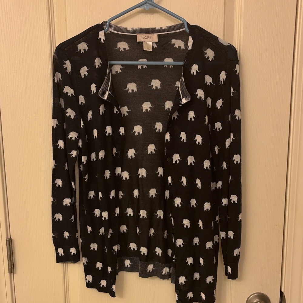 LOFT Black and White Elephant Pattern Cardigan